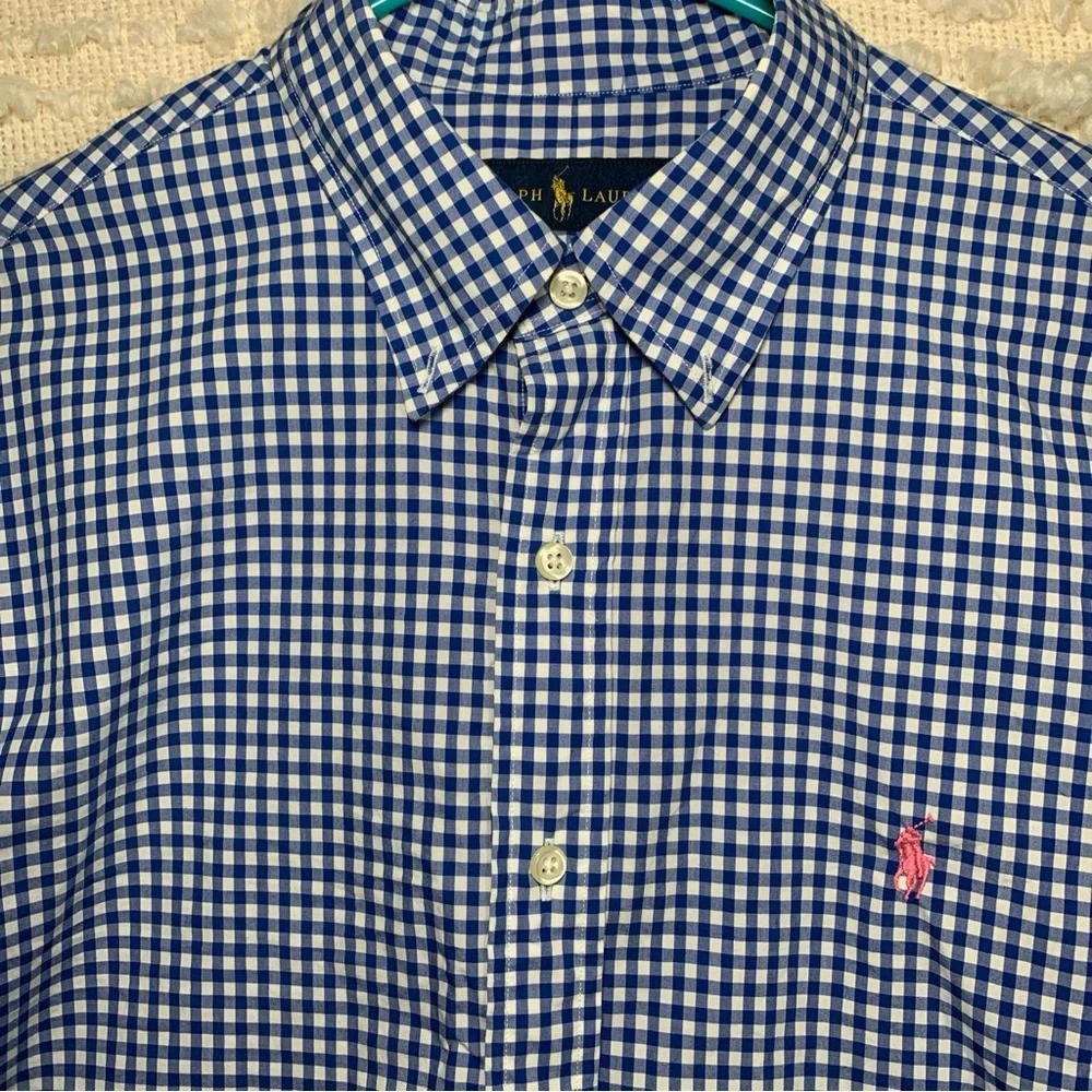 RALPH LAUREN MENS LARGE LONG SLEEVE PLAID SHIRT OXFORD LONG SLEEVE BLUE PINK PON